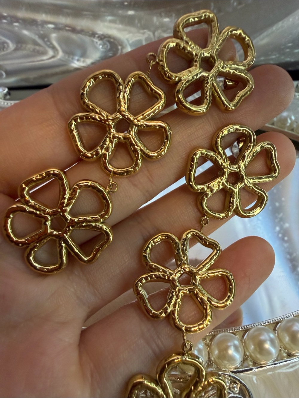 Kenneth Jay Lane Gold Floral Triple-Drop Earrings - Picture 13 of 15